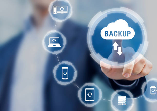 Backup files and data on internet with cloud storage technology that sync all online devices and computers with network connection, protection against loss, business person touch screen icon concept